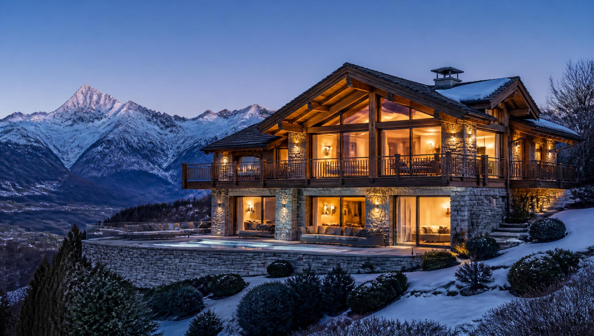 Exceptional Swiss chalet at twilight in the Swiss Alps